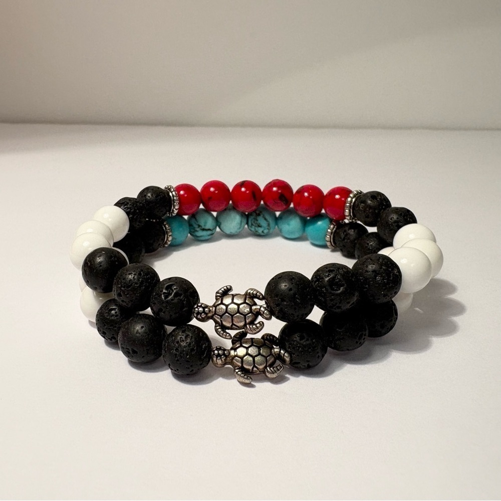 Set of handmade Turtle Charm Beaded Bracelets 8mm beads